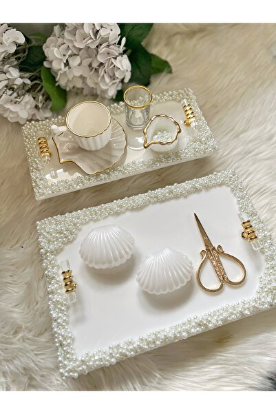 RESİNARTSHOP Epoksi Tepsi Dikdörtgen Full İncili Nişan Tepsisi Seti Gold