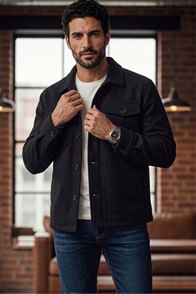 ZueOfficial Kaşe Dokulu Erkek Siyah Ceket | Düğmeli, Şık ve Günlük Kullanım