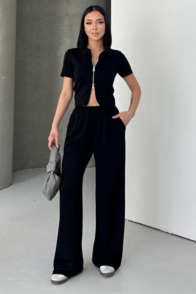 ARK MAĞAZALARI Set pantaloni crop cu fermoar reversibil și talie înaltă, comb...