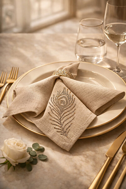 Luna feather patterned 6pcs linen fabric stone printed napkin set, made for stylish and elegant tables