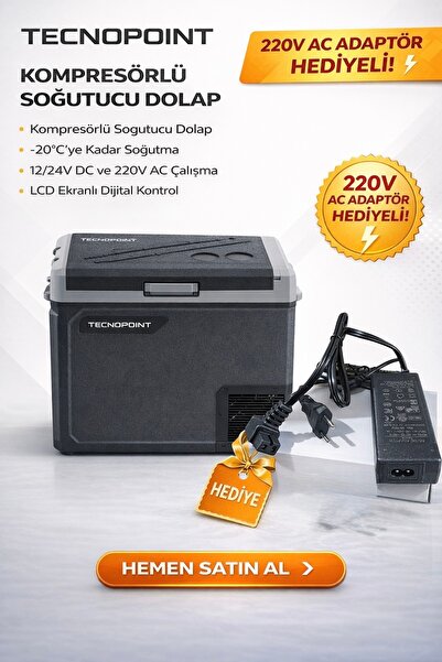 tecnopoint 220 VOLT ADAPTÖR HEDİYELİ 40lt Tek Bölmeli Yeni Nesil Araç Oto Buz...