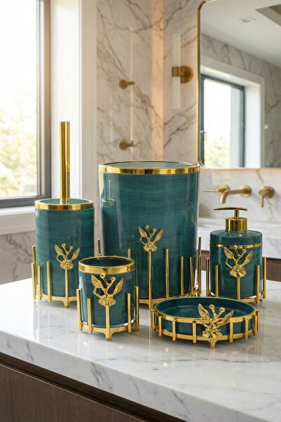 MAKRİ HOME Επιχρυσωμένο μεταλλικό σετ αξεσουάρ μπάνιου 5 τεμαχίων με Με μαρμά...