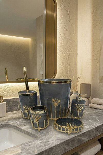 MAKRİ HOME Επιχρυσωμένο μεταλλικό σετ αξεσουάρ μπάνιου 5 τεμαχίων με Με μαρμά...