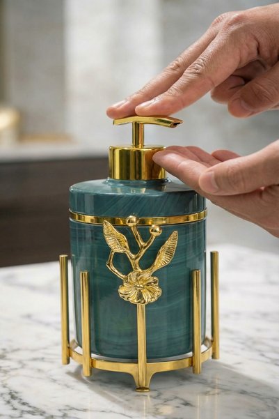 MAKRİ HOME طقم إكسسوارات الحمام المكون من 5 قطع مع حامل معدني مطلي بالذهب، متوفر بخيارات بنقشة رخامية و لون سادة