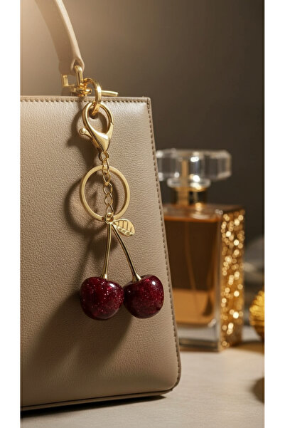 invictus design Kadın Gold Bordo Simli Kiraz Figürlü Charm Anahtarlık