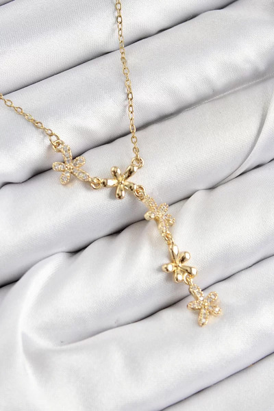 Skygo قلادة نسائية من الفولاذ 316L مرصعة بحجر الزركون على شكل زهرة ذهبية اللو...