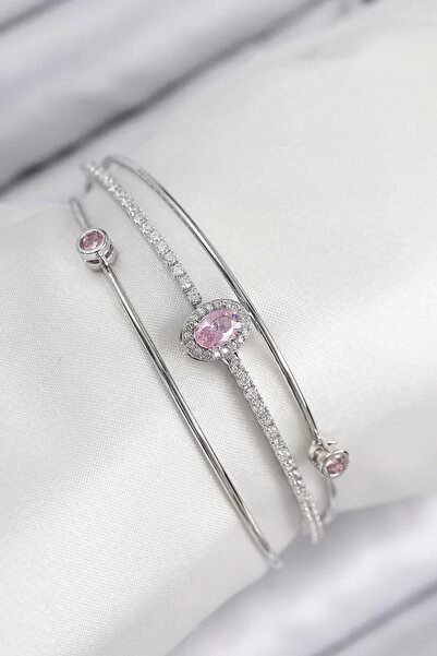 Skygo سوار نسائي من النحاس مرصع بحجر الزركون على شكل باجيت باللون الفضي - TJ-...