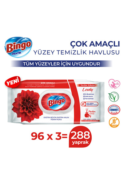 Bingo Yüzey Temizleme Havlusu Sevilen Kokular Lovely 96 Adetx3 (288 Yaprak)