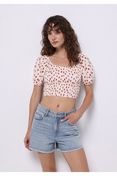 Colin's Slim Fit Square Neck Printed Women's Ecru Balloon Sleeve T-Shirt