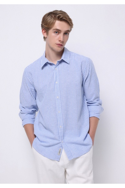 Colin's قميص بقصة عادية ورقبة مخططة بدون جيوب للرجال باللون الأزرق بأكمام طويلة