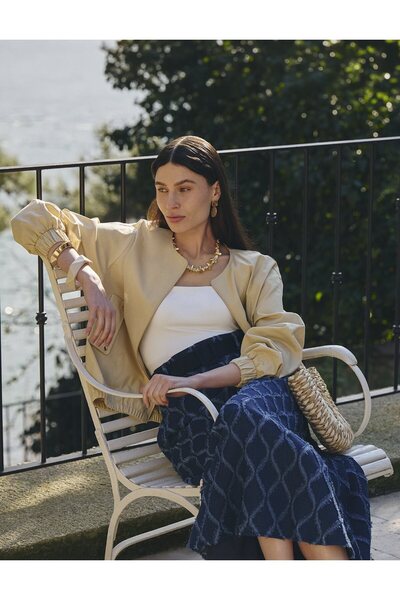 Kayra Kemer Detaylı Eskitmeli Denim Etek Lacivert