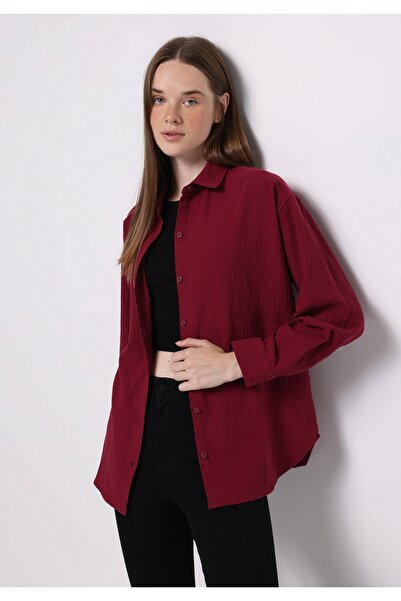 Colin's Relax Fit Shirt Neck Düz Kadın Bordo Uzun Kol Gömlek