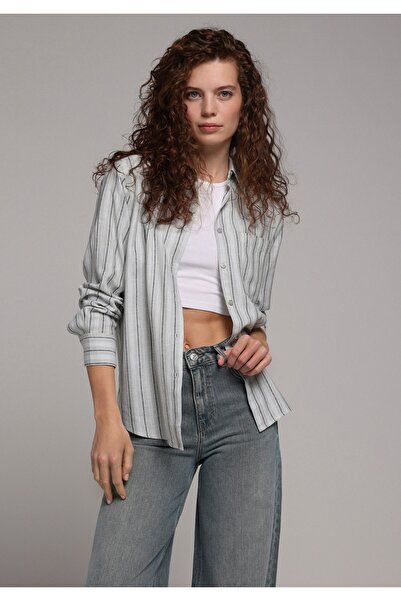 Colin's Fashion Fit Shirt Neck Çizgili Kadın Yeşil Uzun Kol Gömlek