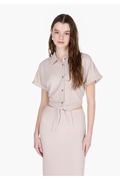 Colin's Tricou cu mânecă scurtă, bej, cu gât, jacquard, pentru femei