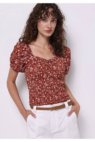 Colin's تي شيرت نسائي بقصة ضيقة ورقبة على شكل حرف V مطبوع باللون البني البطيخي