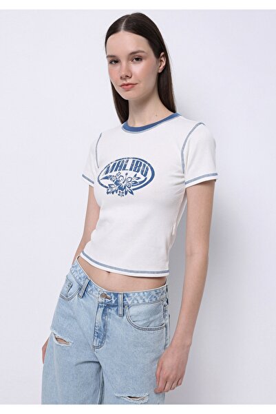 Colin's تي شيرت نسائي أبيض بأكمام قصيرة من القطن برقبة دائرية وطباعة بدون جيوب