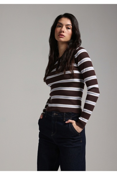 Colin's قصة ضيقة سترة نسائية بنية اللون بياقة بولو مخططة