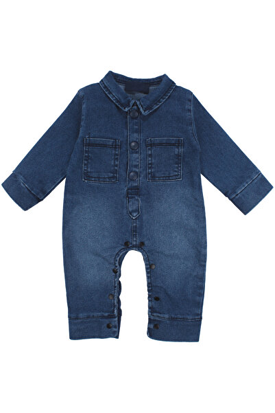 bebegen Baby Boy Blue Collared Denim Overalls with Pocketed Snaps