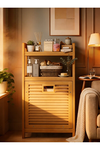 Generic سلة غسيل خشبية ثلاثية الطبقات للحمام والشرفة، منظم ملابس من الخيزران