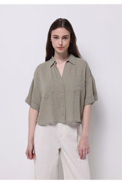 Colin's Регулярна риза с джоб, обикновена дамска зелена риза с къс ръкав