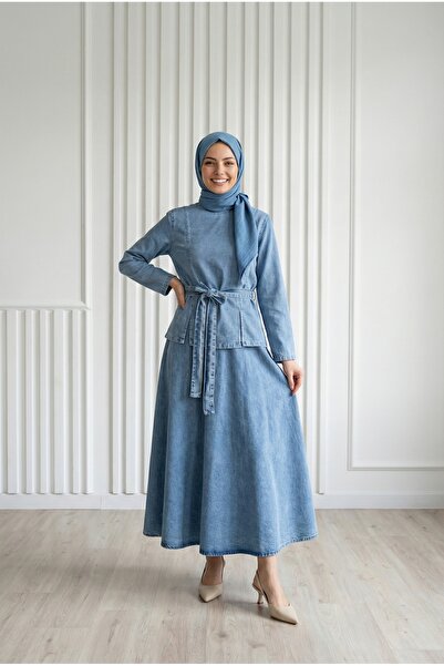 BENAHOLL Σετ τζιν με φούστα με σκίσιμο και δέσιμο στην πλάτη - ML2136 Μπλε