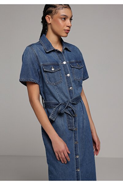 Colin's Дамска рокля с къс ръкав от тънък прав индиго деним