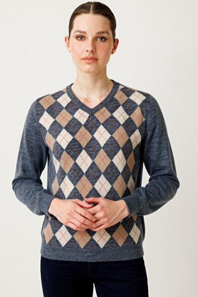 Desen Triko Women's V-Neck Baklava Wool Sweater Smoked