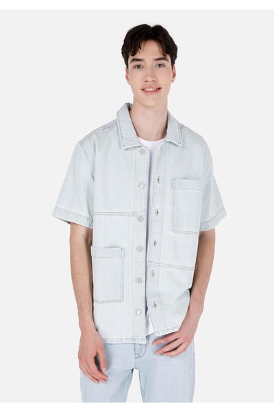 Colin's قميص رجالي أزرق بأكمام قصيرة وياقة كلاسيكية وقصة عادية