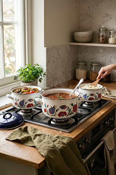 Serenk 18-20-22 Cm Emaye 3'lü Derin Bombeli Tencere Seti