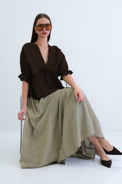 VAGGON Bluză cu volane cu decolteu în V