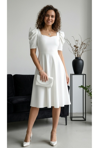 Rokka Moda فستان ميدي بتفاصيل على الكتفين - أبيض