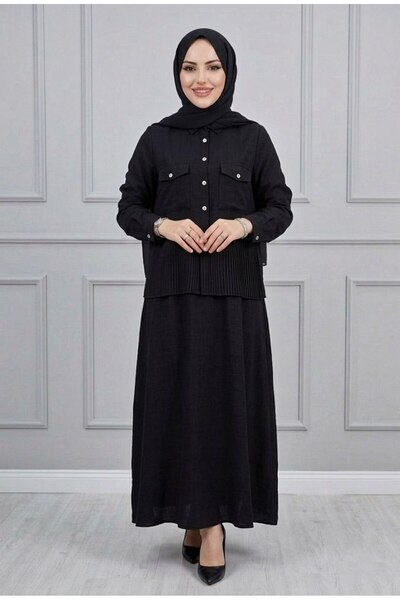 Mercan ETEKLİ TAKIM SİYAH KADIN 2'Lİ ETEKLİ KETEN TAKIM