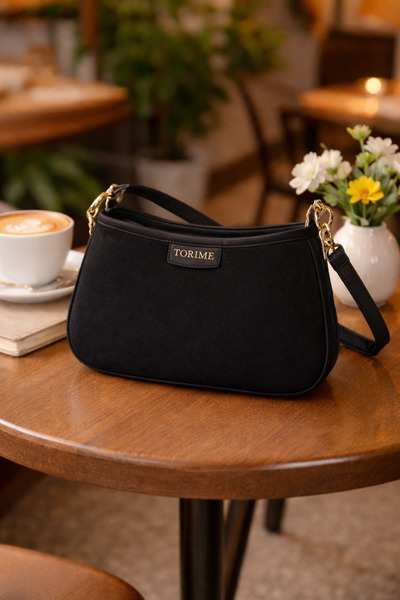 torime حقيبة باجيت نسائية سوداء من القطيفة - للاستخدام المتعدد، مع سحاب وبطانة