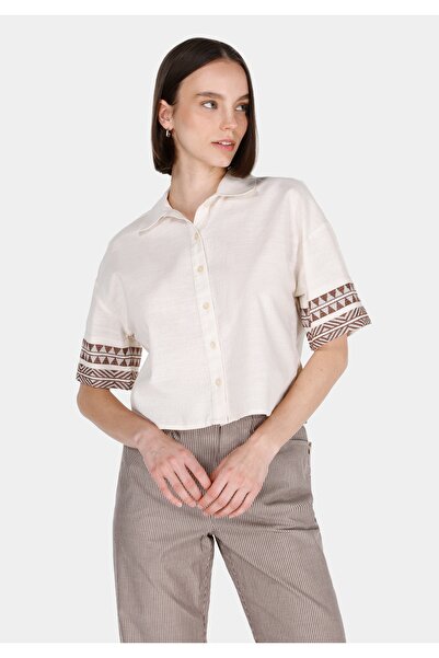Colin's Regular Fit Shirt Neck Etnik Kadın Ekru Kısa Kol Gömlek