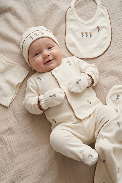 bebegen Baby Girl Ecru Floral Embroidered Piped Organic Luxury 10 Piece Hospi...