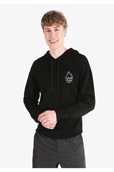 Colin's Regular Fit Baskılı Kapüşonlu Siyah Erkek Kazak