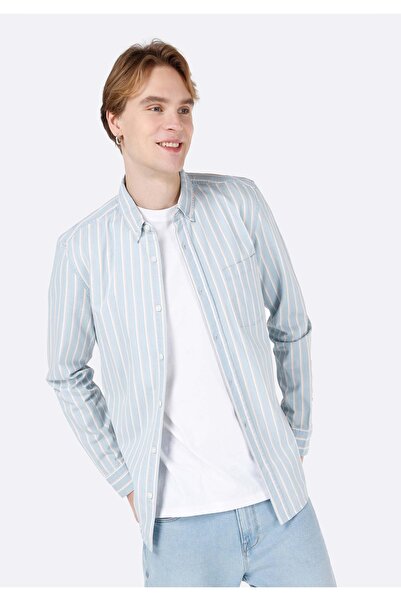 Colin's قميص سليم صالح الرقبة مخطط الرجال الأزرق قميص طويل الأكمام