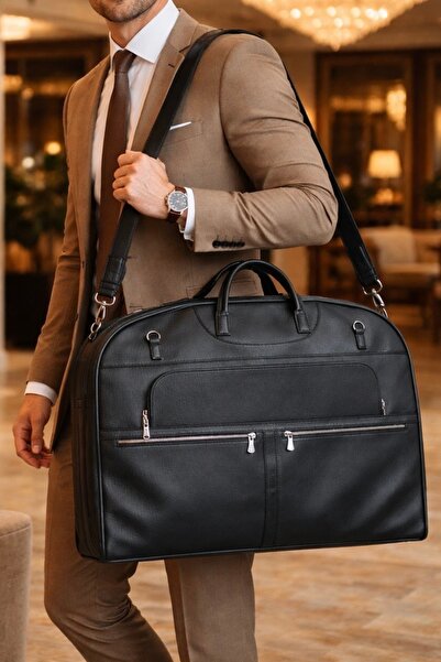 CANARİS Deri Takım Elbise Çantası Askılı Seyahat ve Taşıma Kolaylığı Siyah Renk