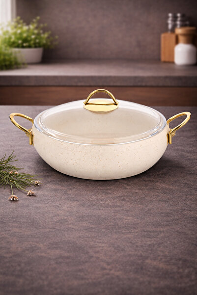 LAVONNI قدر كالدورا 24 سم من الجرانيت المسطح، مقبض ذهبي كريمي، غطاء زجاجي، غي...