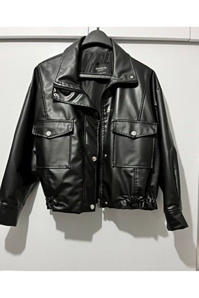 VESS MODA Δερμάτινο μπουφάν oversized με διπλή τσέπη με κορδόνια