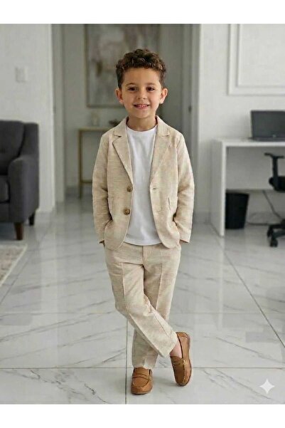 DUBLİNO KİDS بدلة ولادي (سترة وتي شيرت وبنطلون برباط) كريمي