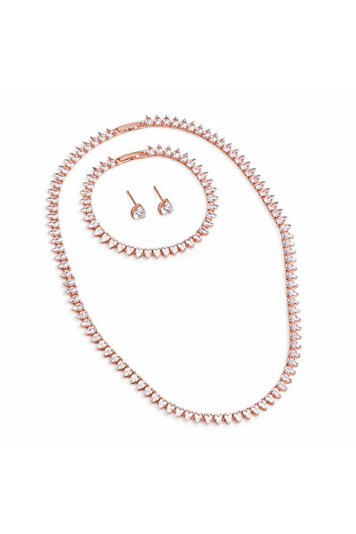 Pursehuit Set colier, cercei și brățară, tenis, culoare auriu-roz, cu pietre ...