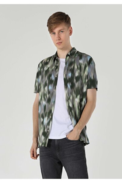 Colin's Regular Fit Shirt Neck Printed Men's Green Short Sleeve Shirt