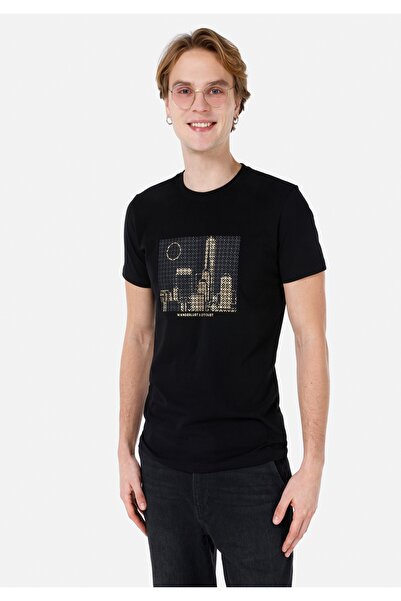 Colin's Слим фит, с кръгла яка, плетен, прав, мъжки, черен, къс ръкав, тениска