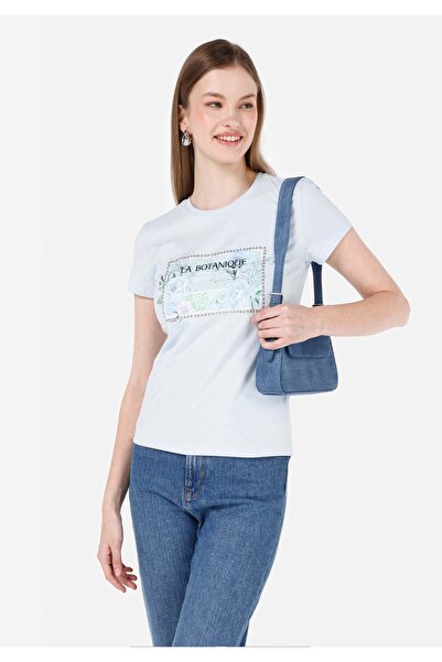 Colin's Дамска тениска с къс ръкав, щампа и тънка яка, синя