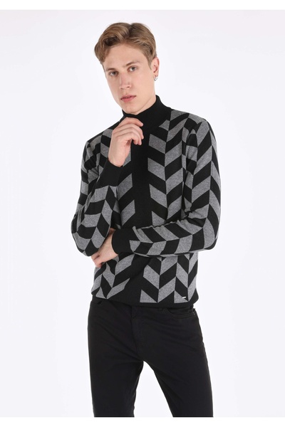 Colin's Pulover negru pentru bărbați cu imprimeu Slim Fit cu gât de țestoasă