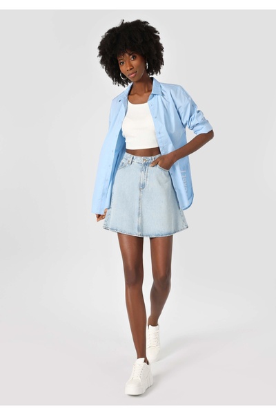 Colin's Релаксирана риза с отпечатан врата, синя, с дълги ръкави, за жени