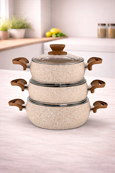 LAVONNI SOİL- 6 Parça Granit Üçlü Güveç Tencere Seti - Cappuccino