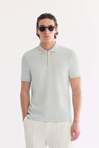 Avva Men's Aqua Green Non-Curling Polo Collar Zippered Interlock Regular Fit ...