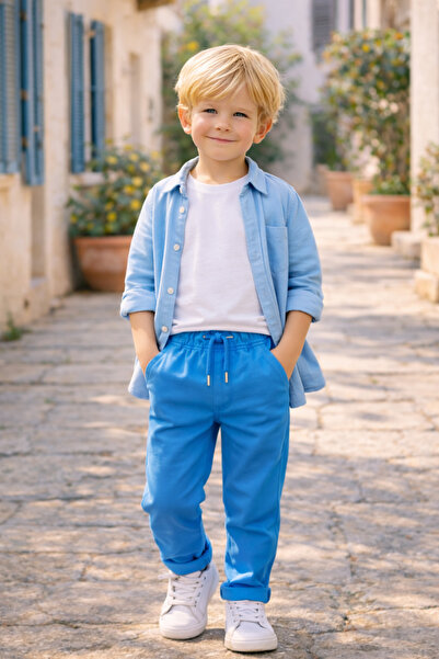 NANİCA Sax Mavi Erkek Çocuk Beli Lastikli Gabardin Pantolon 1-5 Yaş
